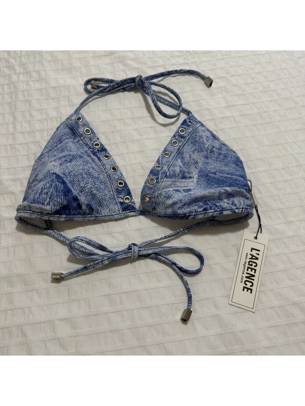 L'AGENCE Annabelle Denim Print Triangle Bikini Top Blue Swim M Medium NWT $185